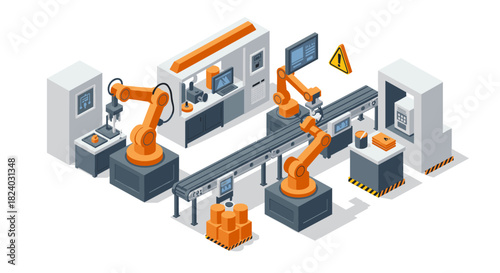 Automated manufacturing facility with robotic arm assembly line in isometric style