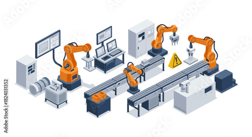 Automated factory floor with robotic arms and conveyor belt in industrial setting