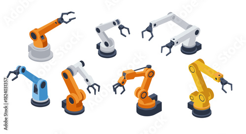 Industrial automation robotic arms in isometric style for modern manufacturing and technology