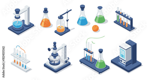 Isometric laboratory equipment set with flasks, beakers, and microscope