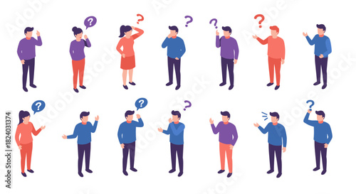 Isometric people discussing with question marks