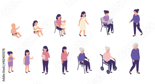 Stages of life from baby to elderly in isometric style