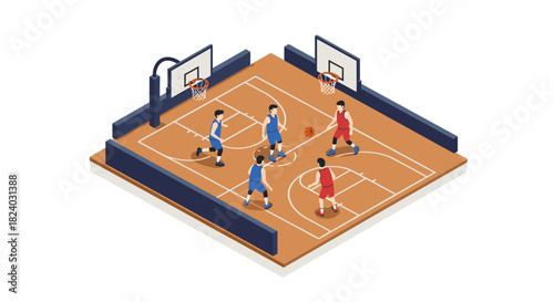 Isometric basketball game scene with players on indoor court