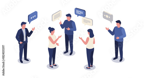 Team discussion in isometric style with speech bubbles on white background