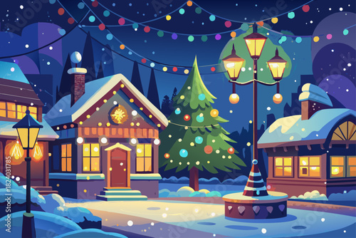 A single Christmas light glowing warmly at night when it snows, a festive winter party scene with falling snowflakes, magical seasonal decorations and a cozy and bright street environment.