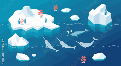 Isometric arctic scene with narwhals and icebergs in calm ocean waters