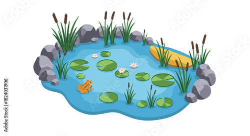 Tranquil pond scene with frog, lilies, and reeds in isometric style
