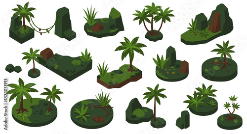 Tropical jungle isometric elements set with palm trees and rocks for game design and animation