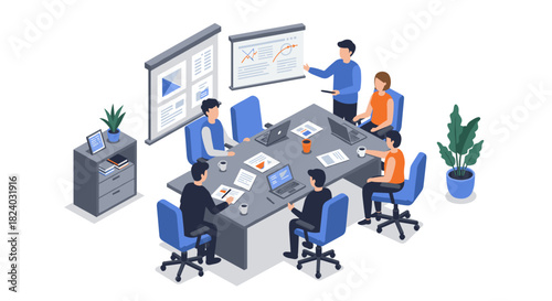 Isometric office meeting: collaborative team discussing business strategies in modern workspace