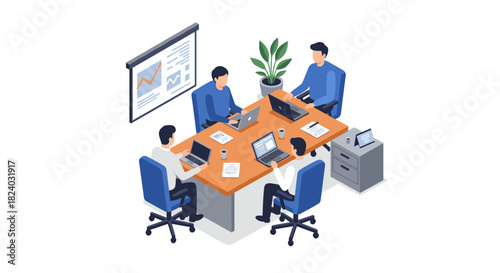 Isometric teamwork in modern office setting with laptops and digital presentation