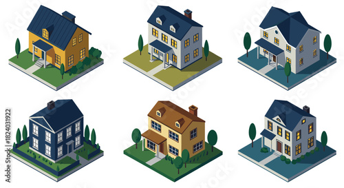 Charming isometric houses set with trees and paths