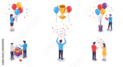 Celebration and success scenes with people and balloons in isometric style