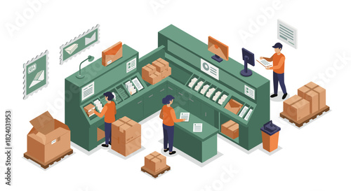 Isometric mailroom scene with workers sorting parcels and packing boxes