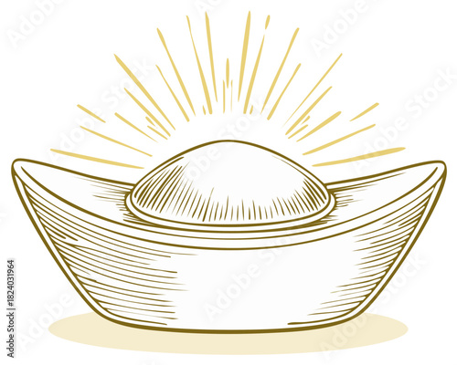 Lucky Chinese gold ingot illustration with sunburst, traditional symbol for fortune, prosperity and success