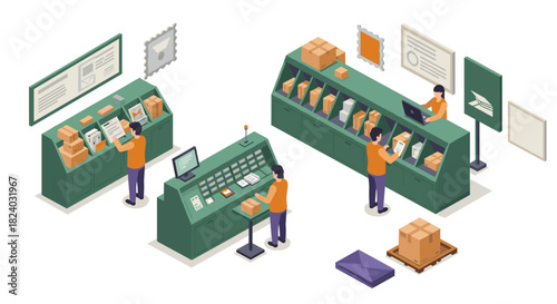 Isometric post office interior with staff sorting and managing packages and mail