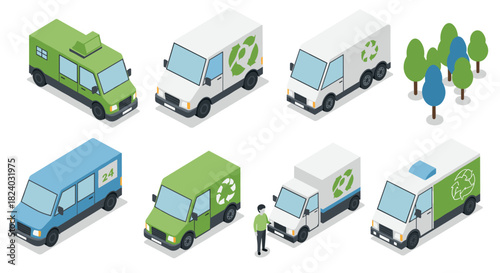 Isometric eco-friendly delivery vans and trees