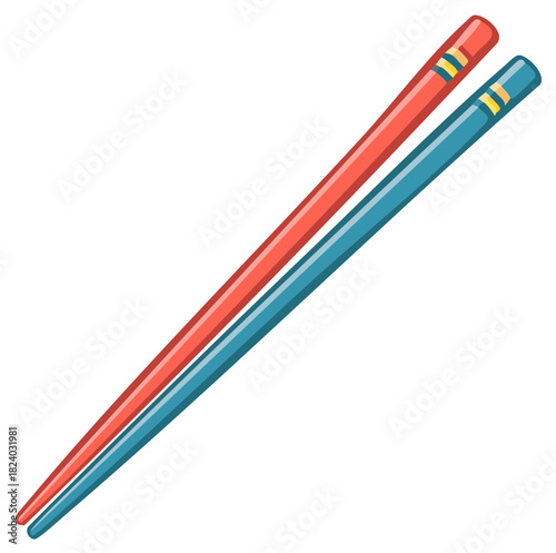 Illustration of red and blue chopsticks crossed against a white background