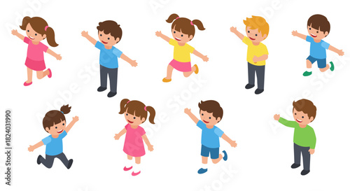 Playful children in flat style with diverse outfits and hairstyles