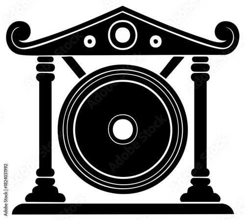 Stylized black and white gong with architectural frame, classic Asian percussion musical instrument, traditional symbol.