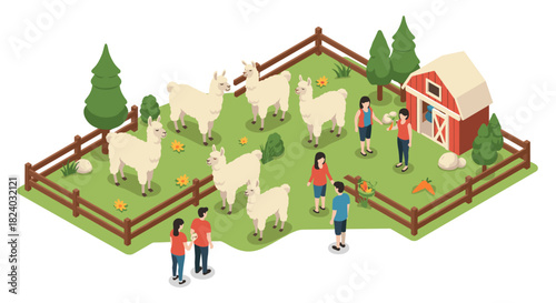 Isometric llama farm scene with people and barn in pastoral setting