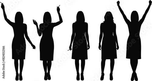 Silhouette, woman, smoking, quitting, victory, pose, gesture, black, dress, health, addiction, recovery, transformation, lifestyle, change, isolated, expressive, concept, vector, background