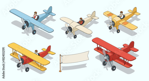 Collection of vintage airplanes with pilots and banner in isometric style