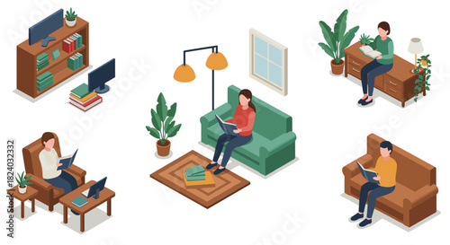Isometric cozy home office and reading spaces for remote work and relaxation