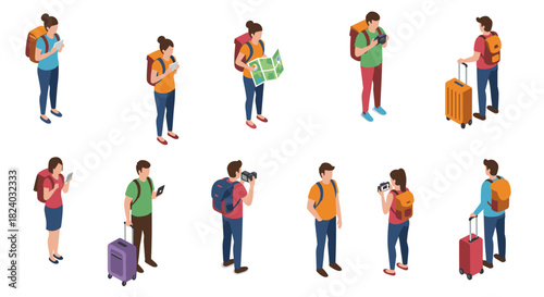 Isometric travelers with luggage and cameras