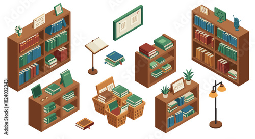 Isometric library elements with bookshelves, baskets, and reading accessories