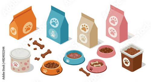 Colorful isometric pet food packaging and bowls with bones and kibble