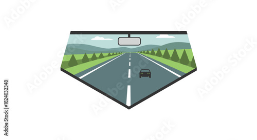 Flat design windshield view: open road and scenic landscape