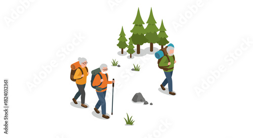 Isometric elderly hiking adventure in forest with backpacking seniors