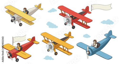 Colorful retro biplanes with pilots and banners against a cloudy sky