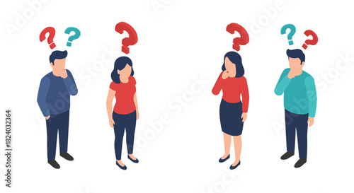 Isometric characters with question marks pondering problem solving concepts