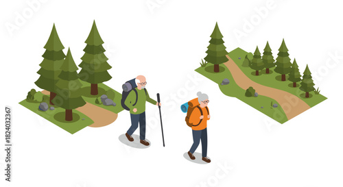Isometric forest hiking scene with elderly hikers walking on nature trail