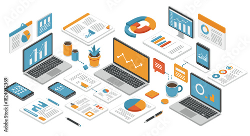 Isometric office workspace with laptops, charts, and gadgets for business analysis