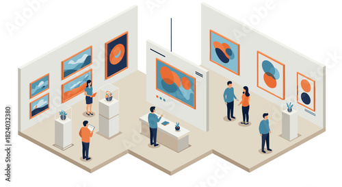 Modern art gallery with people interacting and observing abstract paintings in isometric room