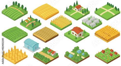 Isometric farm landscape elements with fields and buildings