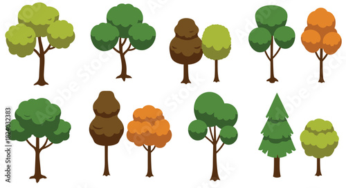 Colorful cartoon trees set with various shapes and seasonal foliage