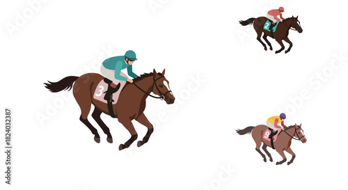 Horse racing enthusiasts competing on track with jockeys in dynamic colorful outfits