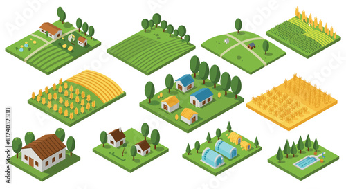 Isometric farm landscape collection with fields, crops, and rural houses
