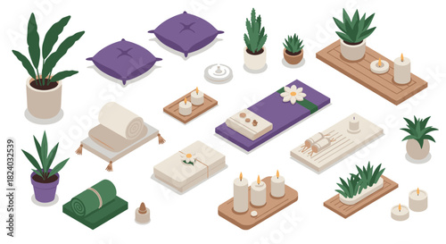 Isometric spa elements: relaxation and wellness decor collection