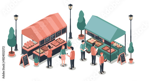 Isometric outdoor market scene with food stalls and customers on a sunny day