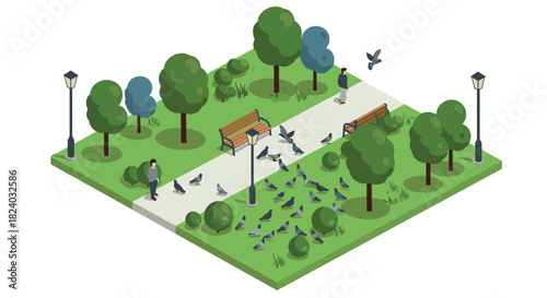 Isometric park scene with trees, pigeons, and walking people in urban setting