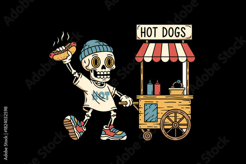Skeleton character selling hot dogs from a cart illustration.