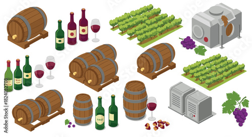 Isometric winery set with barrels, wine bottles, grapes, and vineyard elements