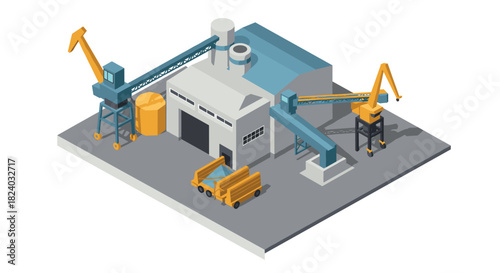 Industrial plant isometric design with machinery and structures