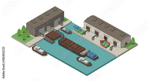 Isometric port scene with cargo ships and warehouses in a harbour setting