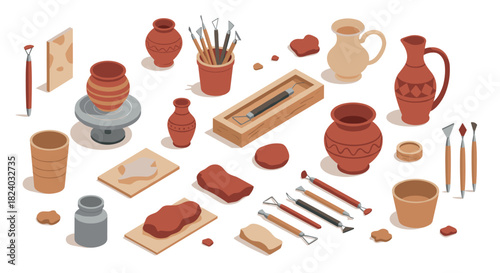 Isometric pottery tools and clay set on white background