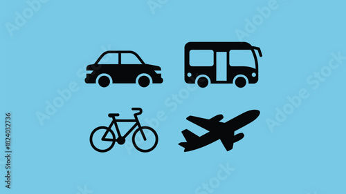 A collection of transportation icons including a car bus bicycle and airplane on a blue background